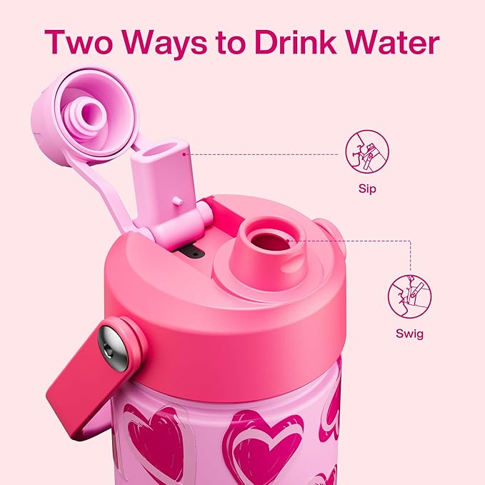 ENCOOL Valentine's Day Insulated Water Bottle with Straw Stainless Steel Water Bottle, Leak-Proof, BPA-Free, Keeps Cold for 24 Hours for Sports, Travel, School (26 oz, Sketch Hearts Pink x Pink)