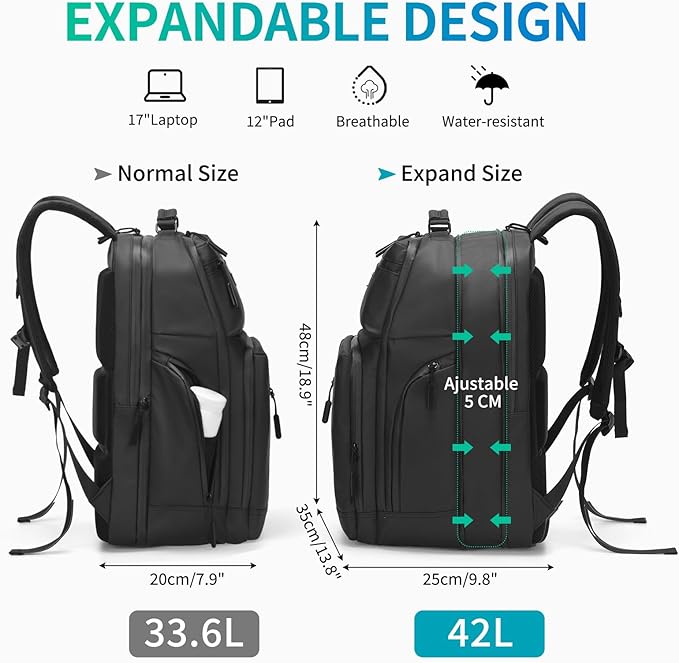 Expandable Business Backpack with 17" Laptop Compartment - Waterproof, Airline Approved, 33L-42L Capacity, for Work & Travel, Black