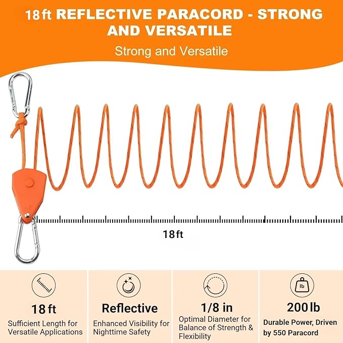 Longer 18ft Ratchet Straps Ropes Tie Down Rope Strap Small Mini Reflctive Outdoor Windproof Rope Roller Adjustable Camping Tent Hanger Grow Light Kayak Paracord 4 Pack 1/8"