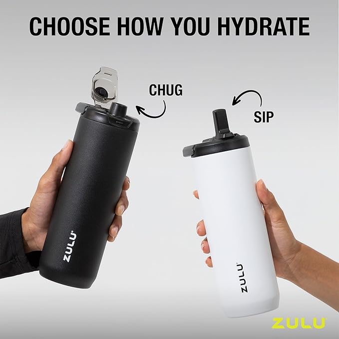ZULU Base 40oz Stainless Steel Water Bottle with 3 Lids- Straw, Chug, Twist | Double Walled and Vacuum Insulated Metal Thermos | For Gym, Outdoor | Built in Carry Loop, Dishwasher Safe, Sage