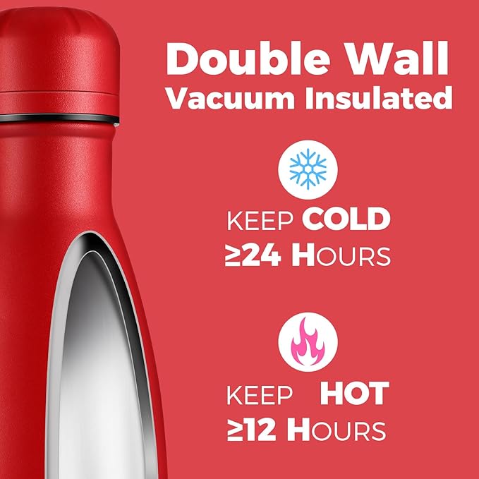Volhoply 17oz Insulated Water Bottles MultiPack, BPA Free Water Bottle for Kids, Gym, Travel, Sports, Available in Packs of 1, 4, or 8（Red,4 Pack）