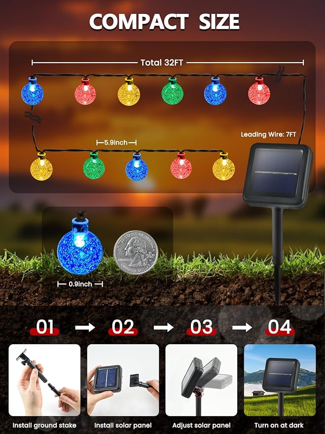 Multicolor Solar String Lights Outdoor, 2-Pack Total 100 LED 64FT Crystal Globe Solar Powered Lights for Outside Waterproof with 8 Lighting Modes, Patio decorations for Tree Wedding Party Garden Yard