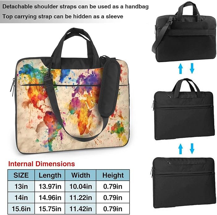Vintage World Map Laptop Bag, Watercolor Laptop Case Sleeve Women Men Messenger Shoulder Bag Tablet Computer 15.6 Inch