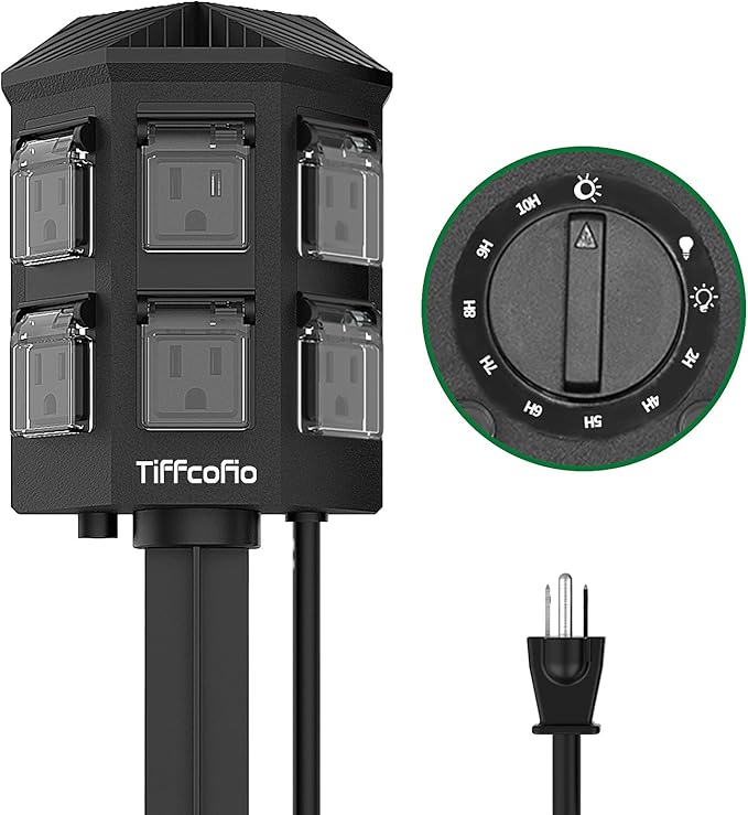 TiFFCOFiO Outdoor Power Strip Timer, Dusk to Dawn Light Sensor Countdown, 6 Feet Extension Cord Waterproof, 6 Grounded Outlets for Halloween and Christmas Decorations, ETL Listed (6 FT)