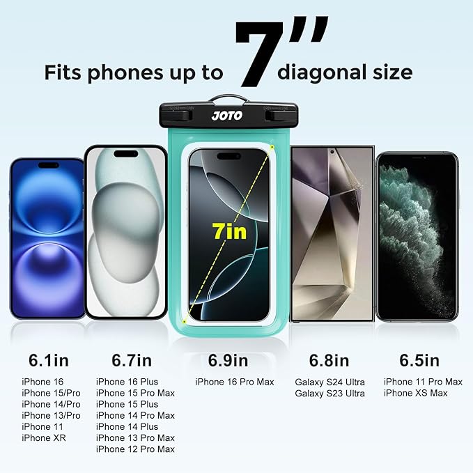 JOTO Up to 7" Universal Waterproof Phone Case for iPhone 17 Air 16 15 14 13 12 11 Plus Pro Max, IPX8 Cellphone Dry Bag XR X SE, Galaxy S23 S22 S21 S20+ S20 S10 Plus Note, Pixel -Green