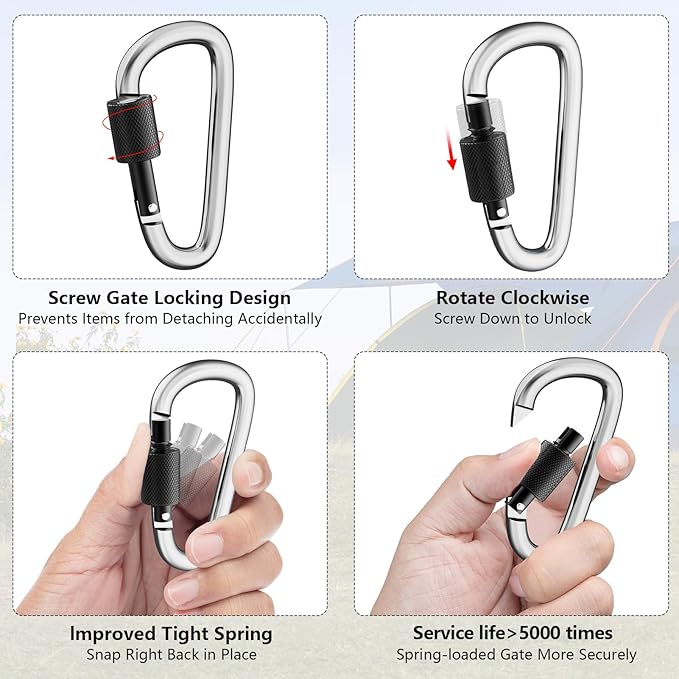sprookber 3" Locking Carabiners | Keychain Carbineers D Ring Key Clip Spring Snap Hook for Multi-Usage | Set of 8