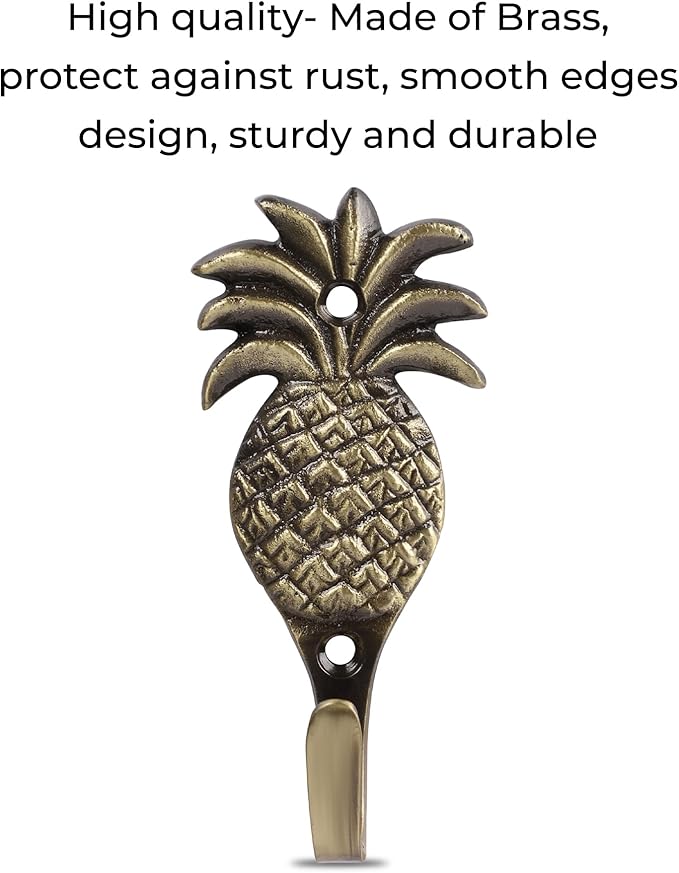 FAPBADRI Multipurpose Hooks, Used to Hang Clothes, Bags, Coats, Curtain Hold Backs, Keys, Colour - Antique Gold, Material - Brass, Pineapple Design, Screws and Wallplugs Included, Pack of 2 Pieces