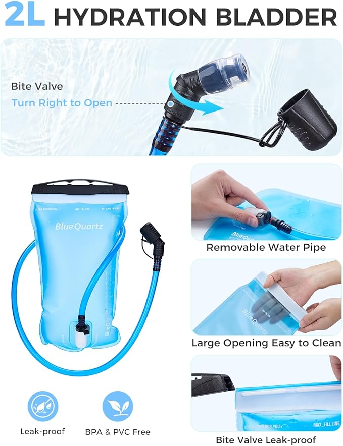 Blue Quartz Rave Hydration Backpack, Reflective Hiking Pack with 2L Water Bladder & Phone Pocket, Hydro Pack with Insulated Compartment for Festival Running Cycling for Men Women