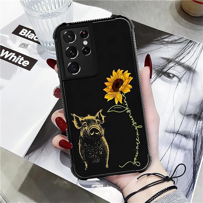 for Samsung Galaxy S21 Ultra Case, Pig Sunflower Yellow Sunshine Pattern Graphic Design Girl Boy Soft Silicone Hard Acrylic Shock Protection for Samsung Galaxy S21 Ultra