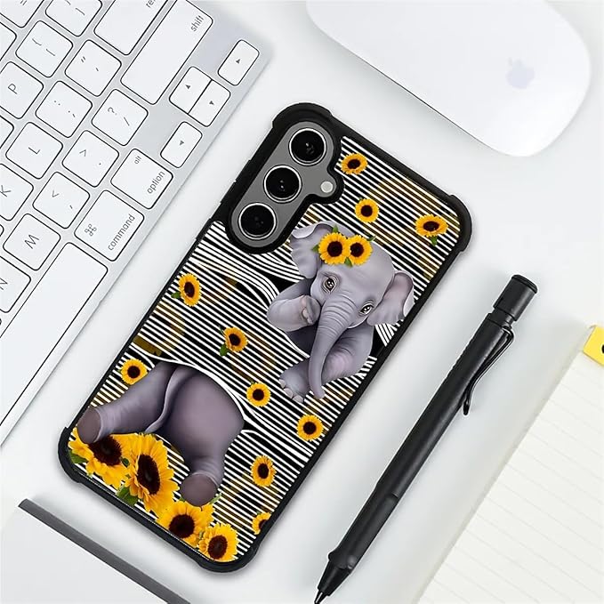 for Samsung Galaxy S24 S25 Plus Case, Cute Little Elephant Sunflower White Line Art Pattern Graphic Design Soft Silicone Hard Acrylic Shock Protection for Samsung Galaxy S24 S25 Plus