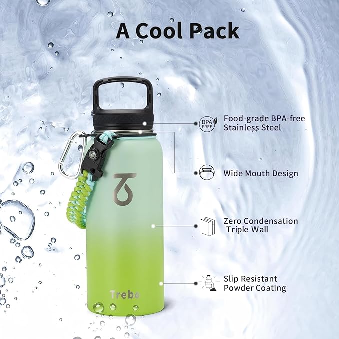 Trebo 32 oz Water Bottle Insulated with Lid and Straw, Triple Wall Vacuum Stainless Steel Sports Flask with Paracord Handle, Keep Hot 24 Hours & Cold 48 Hours Water Cup with 3 Lids, Dark Green