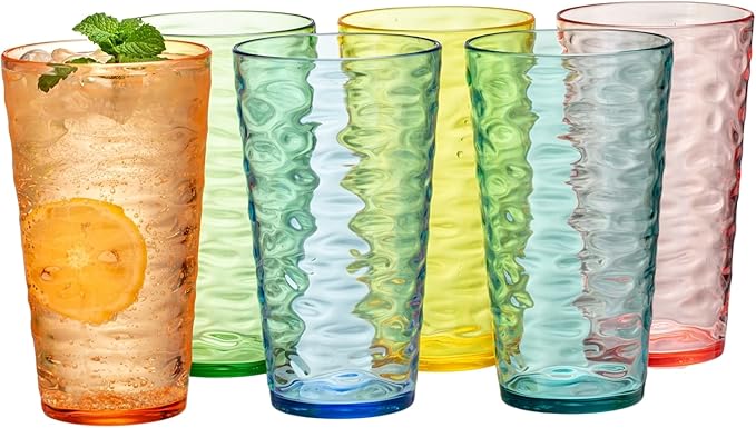 20oz Acrylic Glasses (Set of 6), Water-Ripple Design Shatter-Proof Plastic Cups, Reusable Plastic Tumblers, Stackable, BPA-Free, Dishwasher-Safe (Colorful)