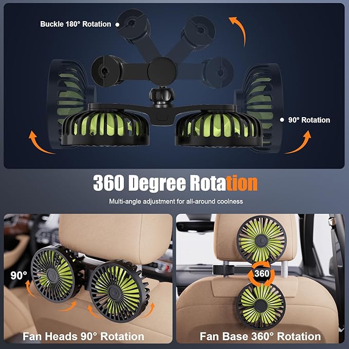 Hayousui USB Car Cooling Fans for Backseat: Dual Head Car Fan for Kids 3 Speeds 360° Rotatable Vehicle Rear Headrest Fans 5V/2A Powerful Electric Air Circulation Fan for Sedan SUV RV Truck (USB Plug)