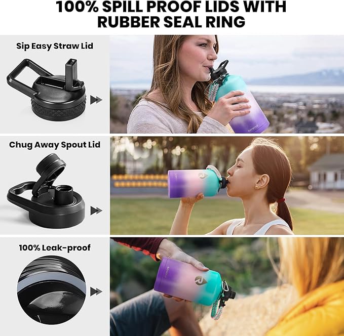 RAYMYLO One Gallon Water Bottle Insulated, Triple Walled Vacuum Stainless Steel (Cold for 48 Hrs), Leak Proof & Non-BPA, Large Water Flask Jug with Paracord Handle & Straw Spout Lids