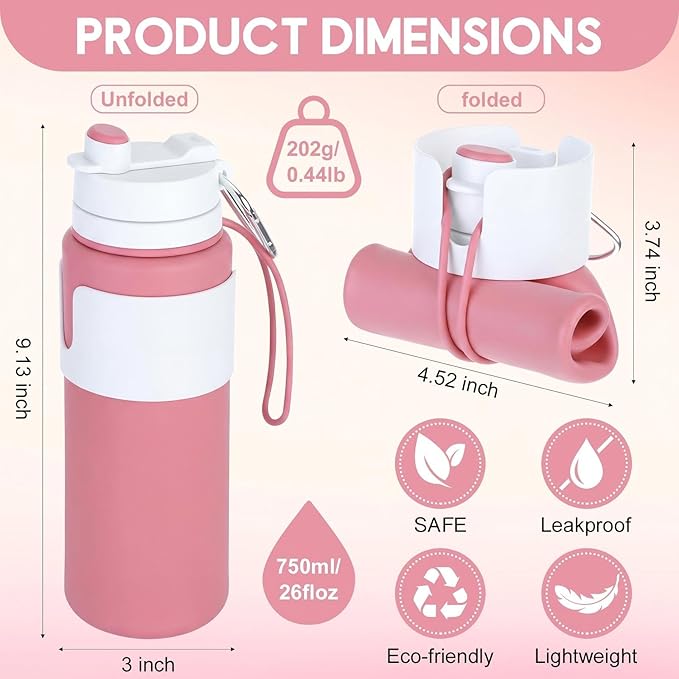 LemonRoad 2 Pcs 26 oz Silicone Collapsible Water Bottle, Portable Foldable Water Bottle Leakproof with Carabiner Reuseable Lightweight for Travel Sports Hiking Camping Cycling Office (Green,Pink)