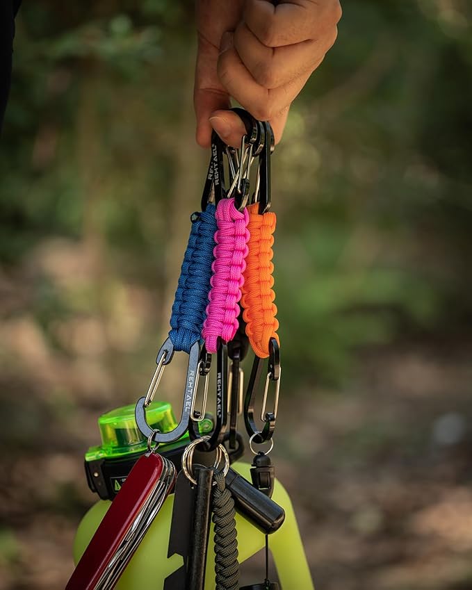 Paracord Braided Carabiner Keychain Lanyard Strap, Hanger Stroller Hook w/2 Carabiner Clips for Water Bottle Backpack