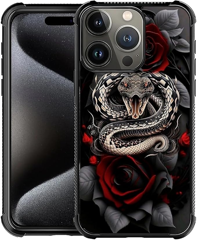 for iPhone 16 Pro Max Case, Entwined Rose Snake Pattern Graphic Design Girl Boy Soft Silicone Hard Acrylic Shock Protection for iPhone 16 Pro Max