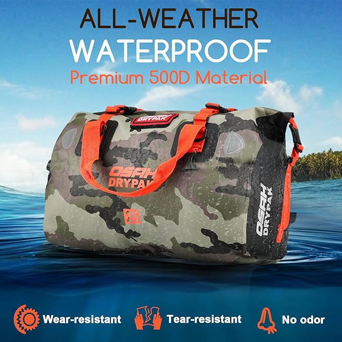 OSAH DRYPAK Waterproof Duffel Bag - Motorcycle Dry Bag Tail Bag with Large Storage Space, Waterproof Luggage Duffle Bags with Outer Mesh Zipper Pocket for Camping, Kayaking, Fishing & Traveling