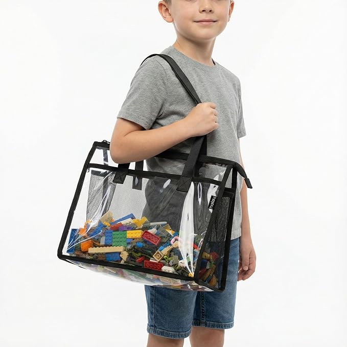 HOLAY 4 Pack Clear Toy Storage Bags with Handle –Playroom Organizer Bins for Kids Toys, Board Games, Busy Bags, and Homeschool Supplies, Transparent PVC Front & Reinforced Base (Black, X-Large)