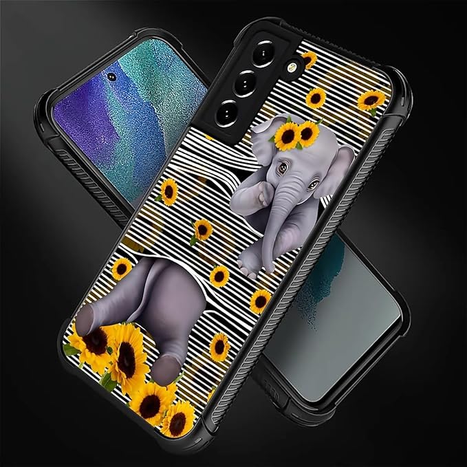 for Samsung Galaxy S21 FE Case, Cute Little Elephant Sunflower White Line Art Pattern Graphic Design Soft Silicone Hard Acrylic Shock Protection for Samsung Galaxy S21 FE