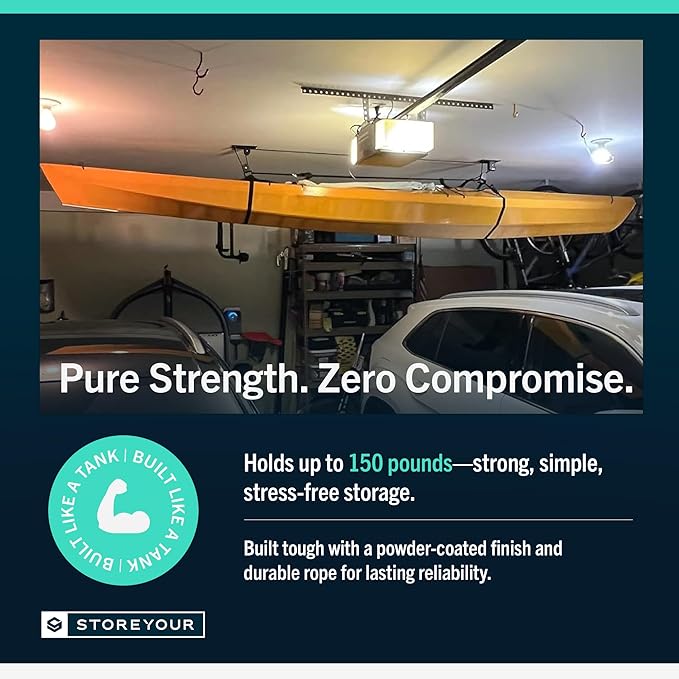 StoreYourBoard Kayak and Canoe Ceiling Hoist – Overhead Garage Storage Rack for Kayaks, Canoes, and Paddle Gear – Heavy Duty Pulley System Indoor Ceiling Mount