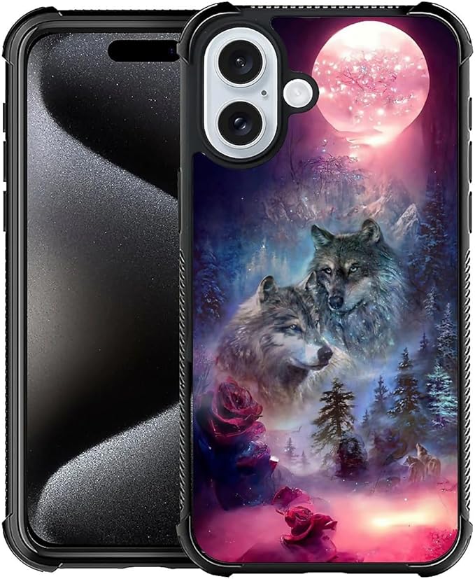 for iPhone 16 Case, Star Two Wolfs Howling Pattern Graphic Design Girl Boy Soft Silicone Hard Acrylic Shock Protection for iPhone 16