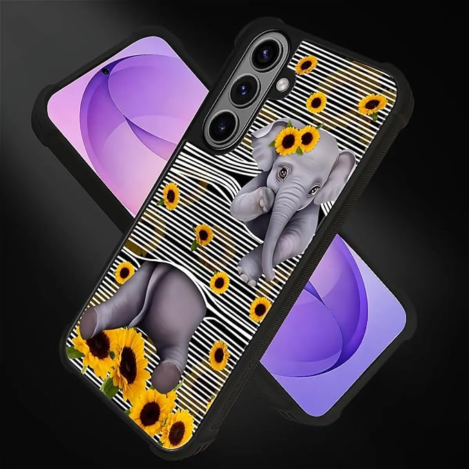 for Samsung Galaxy S26 Case,Graphic Design for Girl Boy Soft Silicone Hard Acrylic Shock Protection Designed for Samsung Galaxy S26 Cute Little Elephant Sunflower White Line Art Pattern