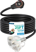 DEWENWILS 360° Rotating Flat Plug Outdoor Extension Cord 25FT, 14/3 SJTW Heavy Duty Power Cable for Indoor/Outdoor, 3 Prong Lighted Triple Outlet with Hook, 125V/15A/1875W, Black, ETL Listed