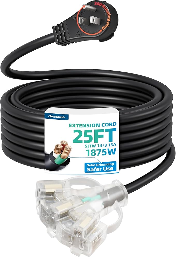 DEWENWILS 360° Rotating Flat Plug Outdoor Extension Cord 25FT, 14/3 SJTW Heavy Duty Power Cable for Indoor/Outdoor, 3 Prong Lighted Triple Outlet with Hook, 125V/15A/1875W, Black, ETL Listed