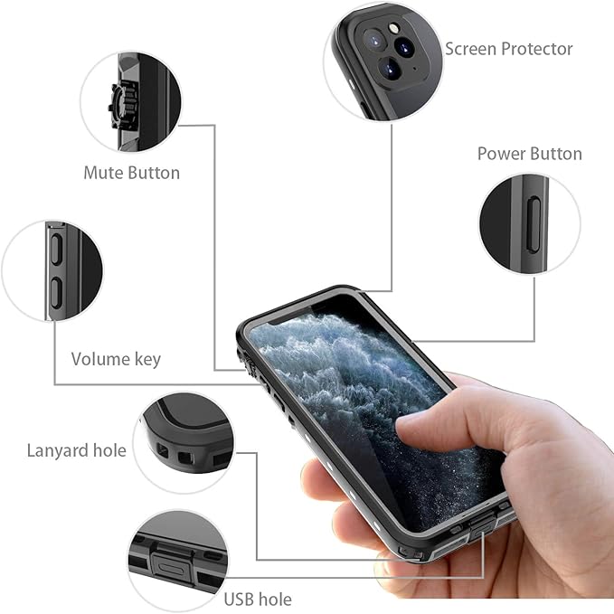 iPhone 11 Pro Max Waterproof Rugged Case - Slim Design with Built-in Screen Protector, Shockproof, 6.5" (Black&Gray)