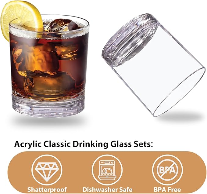 12 oz Drinking Glass Sets, Set of 12 Plastic Cups Unbreakable Drinkware Glasses Set Tumblers & Water Glasses Acrylic Clear Drinking Glasses, BPA-Free Beer Glasses for Home & Outdoors, Dishwasher Safe