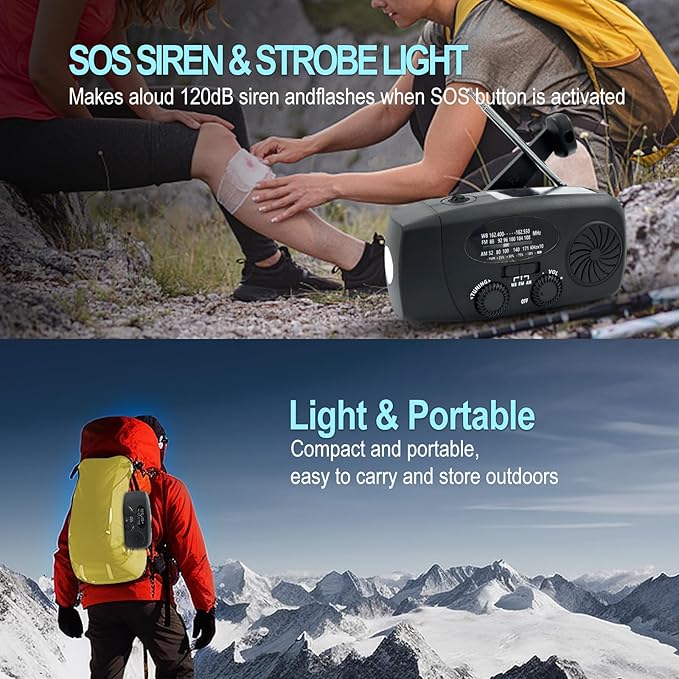 Emergency Hand Crank Radio with LED Flashlight for Emergency, AM/FM NOAA Portable Weather Radio with 2000mAh Phone Charger, USB Charged & Solar Power for Camping, Emergency (Black)
