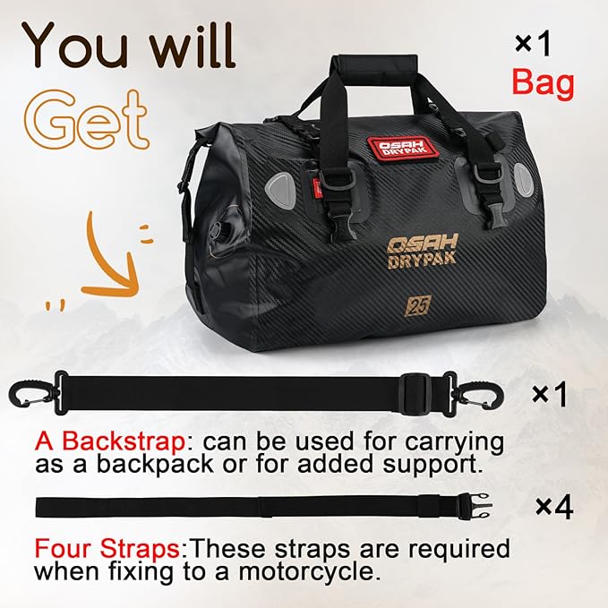 OSAH DRYPAK Waterproof Duffel Bag - Motorcycle Dry Bag Tail Bag with Large Storage Space, Waterproof Luggage Duffle Bags with Outer Mesh Zipper Pocket for Camping, Kayaking, Fishing & Traveling
