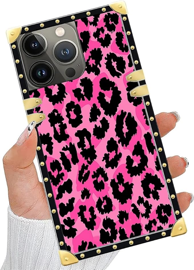 Compatible with iPhone 13 Pro Case, Pink Black Leopard Luxury Golden Decoration for Girl Women Soft TPU Shockproof Protective Hard PC Back for iPhone 13 Pro