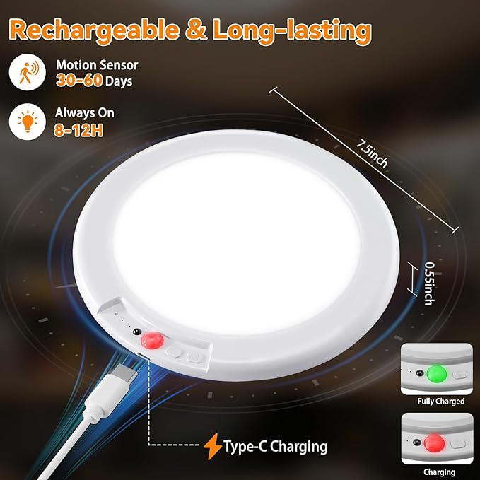 KYEKIO Rechargeable Ceiling Light 2Pack, 3 Color Magnetic Shower Lights with Remote, Wireless Dimmable Closet Light Battery Operated, LED Motion Sensor Lights for Pantry Shed Hallway Porch Stairs