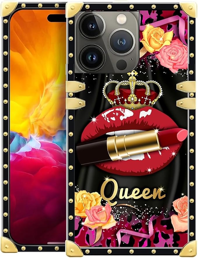 Compatible with iPhone 15 Pro Case, Queen Lip Crown Leopard Print Luxury Golden Decoration for Girl Women Soft TPU Shockproof Protective Hard PC Back for iPhone 15 Pro