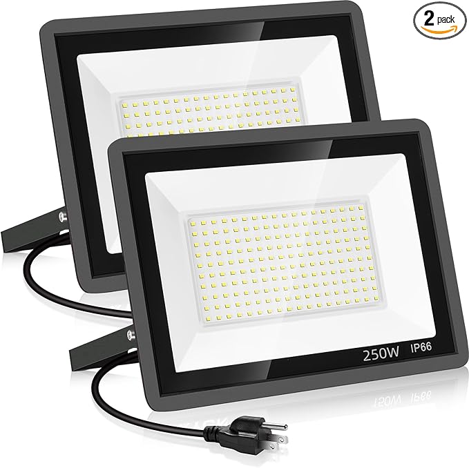 YANYCN 2 Pack 250W Led Flood Lights Outdoor,Super Bright 37000LM Security Lights with Plug,Exterior IP66 Waterproof 5000K Daylight White FloodLight for Basketball Court, Yard, Garden,Parking lot etc