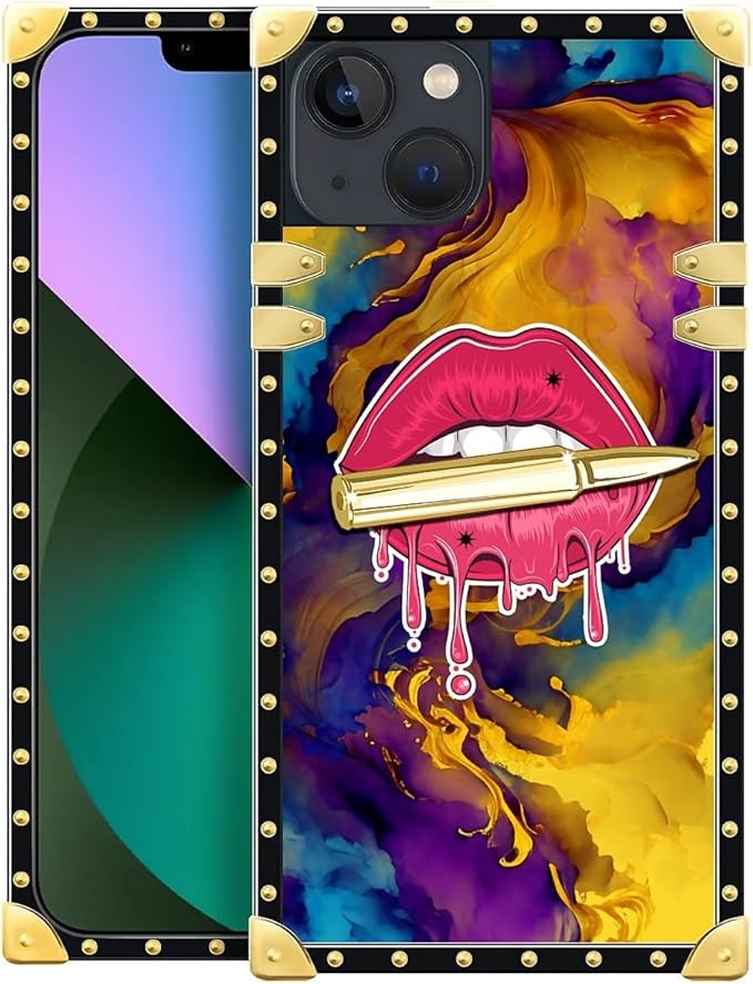 Compatible with iPhone 13 Case, Cool Corlorful Lip Marble Luxury Golden Decoration for Girl Women Soft TPU Shockproof Protective Hard PC Back for iPhone 13