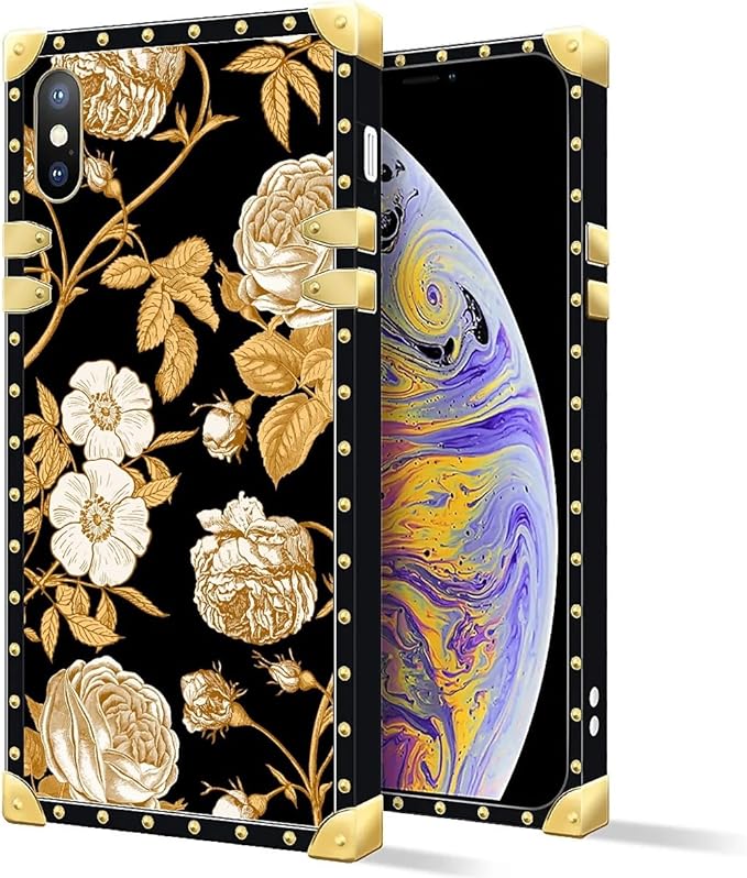 Compatible with iPhone Xs Max Case, Blooming Rose Golden Flower Luxury Golden Decoration for Girl Women Soft TPU Shockproof Protective Hard PC Back for iPhone Xs Max