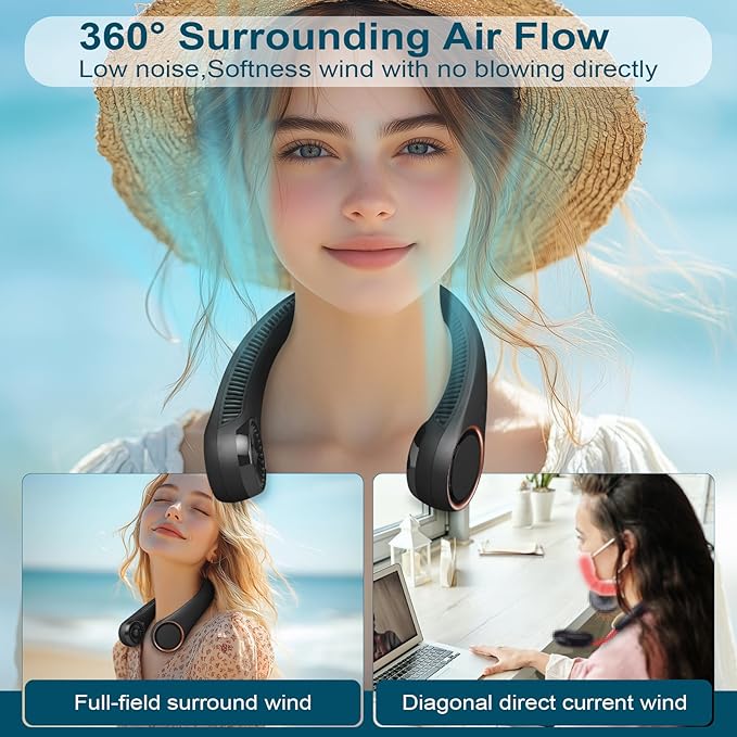 CIVPOWER Neck Fan: Portable Personal Neck Cooling Rechargeable Bladeless Fan - Hands Free 3 Speed 4000 mAh Battery USB Operated Wearable Headphone Design - Gift for Men Women Outdoor (Black)