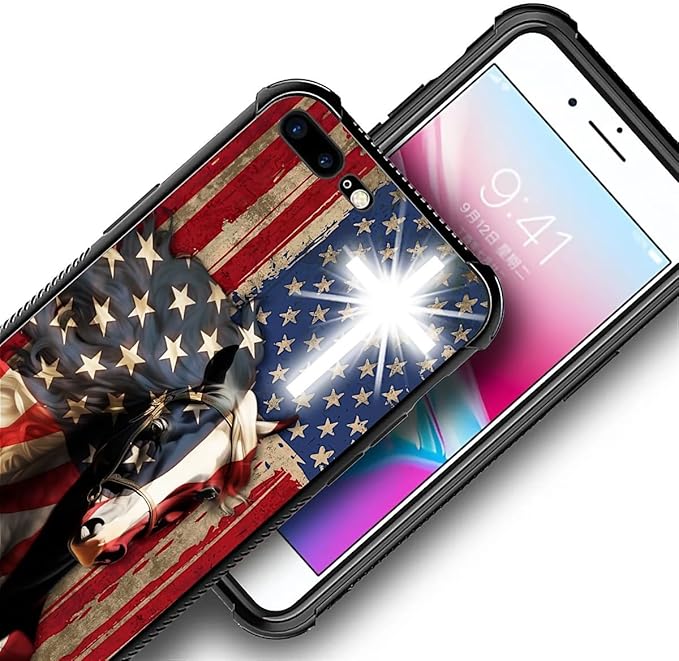Case for iPhone 7 Plus/8 Plus, Red American Flag Horse Cross Pattern, Soft Silicone Hard Acrylic for Shock Protection