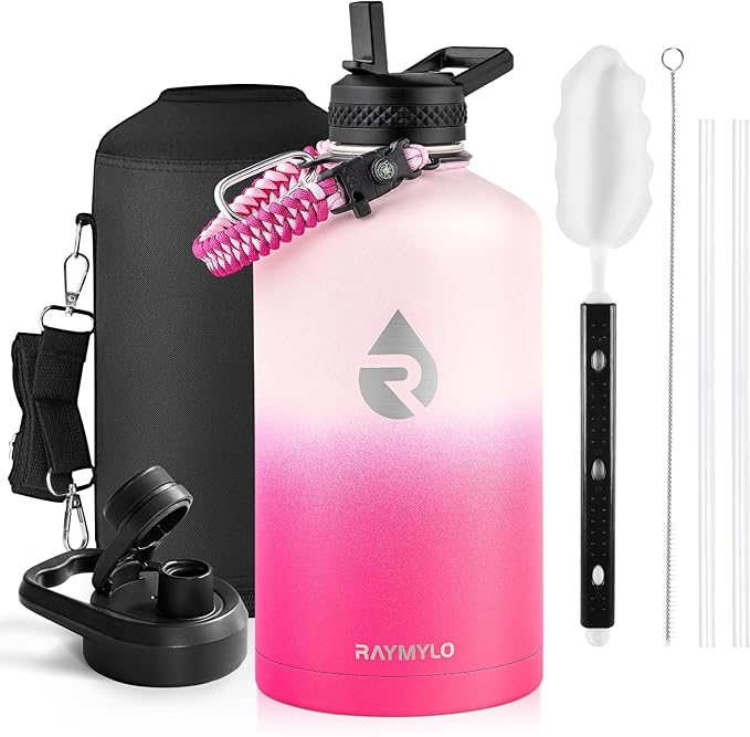 RAYMYLO One Gallon Water Bottle Insulated, Triple Walled Vacuum Stainless Steel (Cold for 48 Hrs), Leak Proof & Non-BPA, Large Water Flask Jug with Paracord Handle & Straw Spout Lids