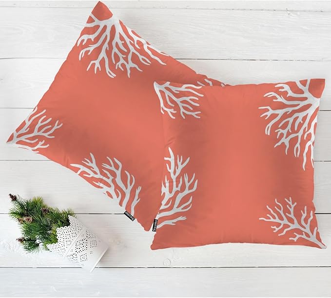 Swono Ocean Coral Farmhouse Throw Pillow Covers, Tropical Sea Coral Reef Nature Set of 2 Cushion Case Pillow Cover for Bed Sofa Couch, Square Throw Pillowcases for Men Women 18x18 Inch Orange White