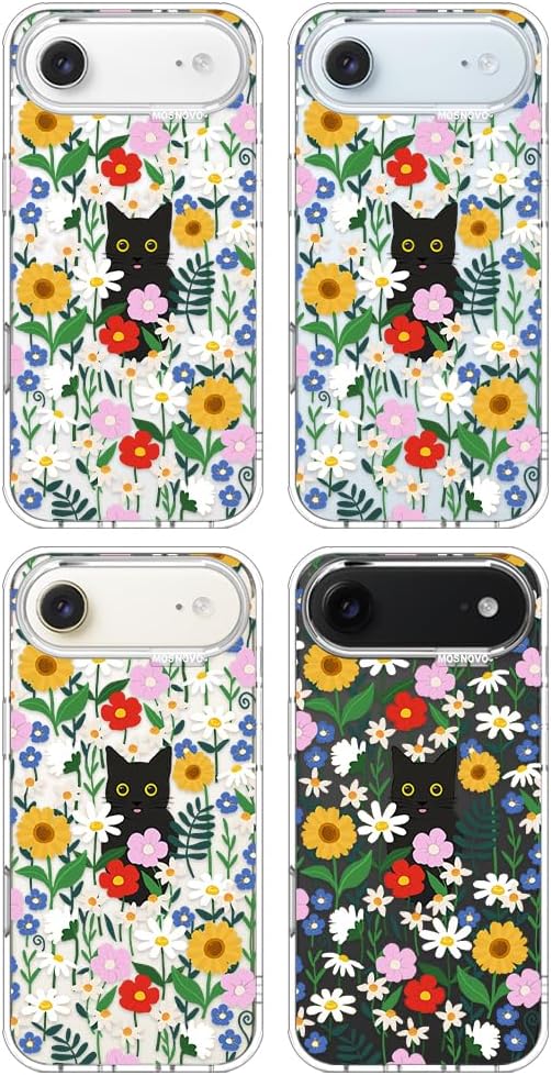 MOSNOVO for iPhone Air Case | Military Grade 6.6ft Drop Tested | Camera Control | Clear with Black Cat in Garden Design