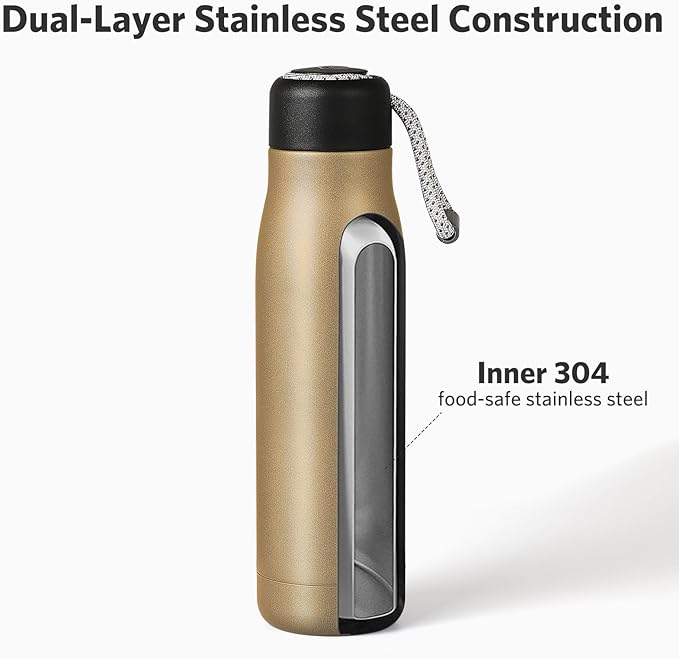 Water Bottle with Portable Lid Metal Vacuum Insulated Stainless Steel | Reusable Leak Proof Flask | 17oz, Gold