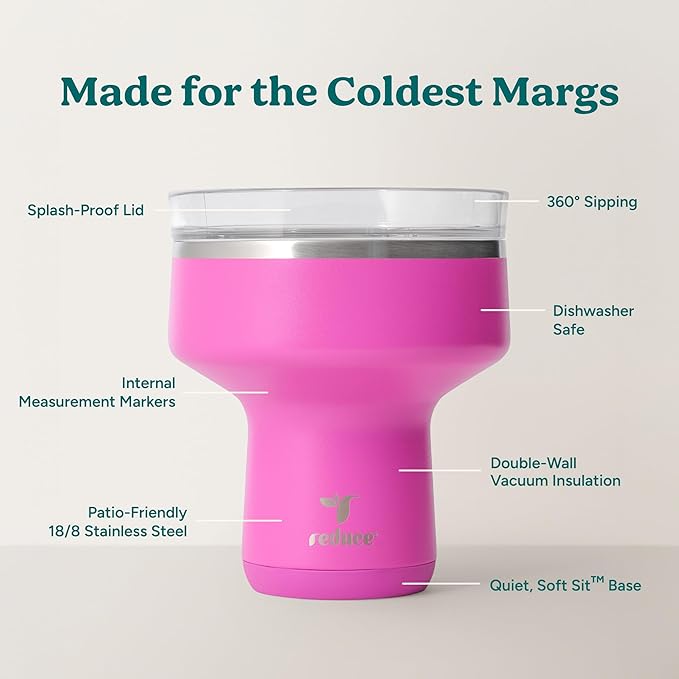 REDUCE Saltini 16oz Cocktail Tumbler - Insulated Margarita Tumbler with Lid-Keeps Drinks Cold for 10 Hours-360 Sippable Martini Glass Alternative-Shatterproof Perfect for Parties-Sunset Fuchsia-4 Pack