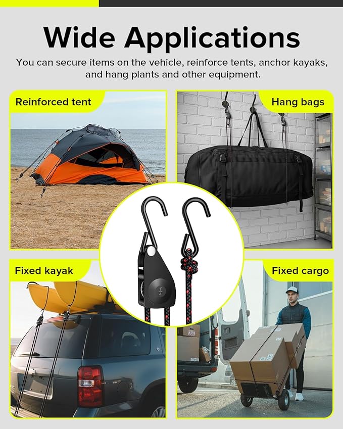 1/4" Ratchet Tie Down Straps, 4-Pack 12ft Adjustable Rope Hanger, Heavy Duty Kayak Pulley System with Hooks for Kayak Accessories, Hiking, Camping, Boating & Water Activities