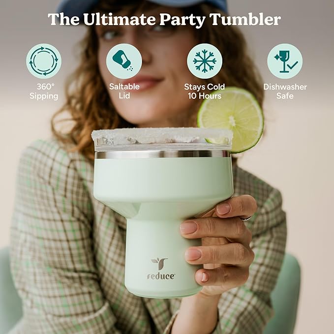 REDUCE Saltini 16 oz Cocktail Tumbler - Insulated Margarita Tumbler with Lid - Keeps Drinks Cold for 10 Hours - 360 Sippable Martini Glass Alternative - Shatterproof, Perfect for Parties - Mojito