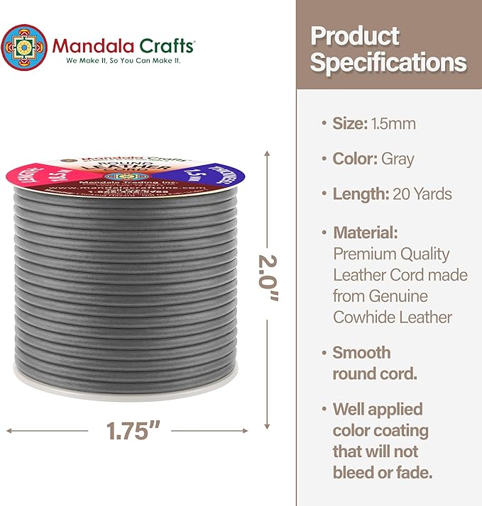 Mandala Crafts Round Cowhide Genuine Gray Leather Cord for Jewelry Making Kumihimo Leather Rope Spool - Gray 20 Yds 1.5mm Cording
