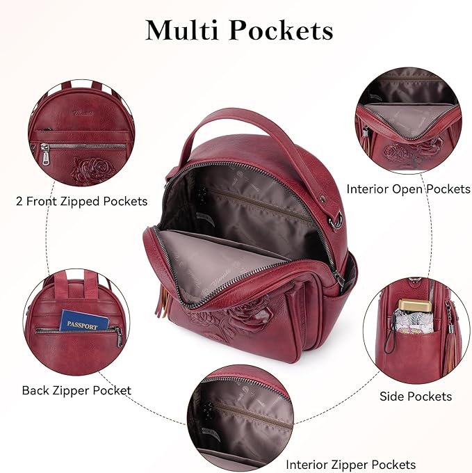 Mini Backpack Purse for Women,Embossed Vegan Leather Small Backpack Fashion Backpacks Daypacks Shoulder Handbag (Red)